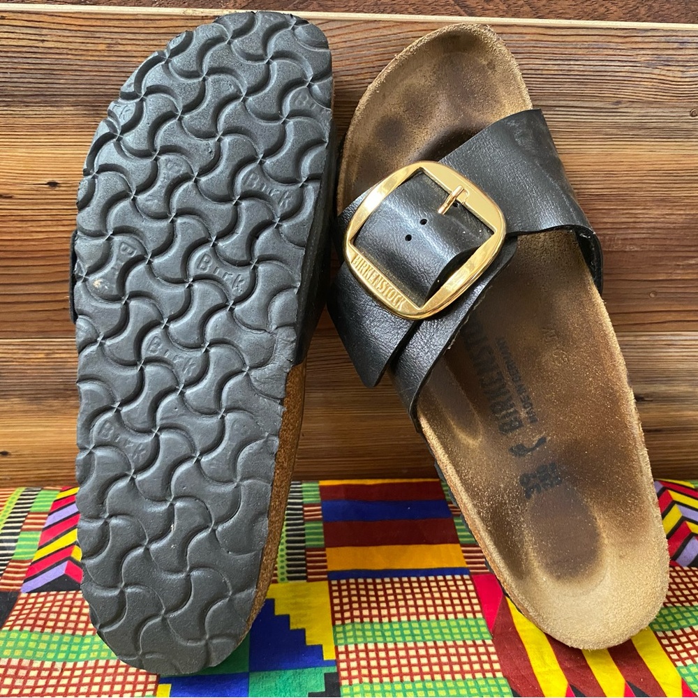 Pre-owed Birkenstock Madrid Gold Big Buckle Women's Black Sandal 39/8